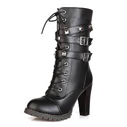 WOilERQ Women's Ankle Booties Lace Up Chunky High Heel Platform Knight Boots Sexy Belt Buckle Side Zipper mid calf Boots Herbst Winter,Schwarz,42 von WOilERQ