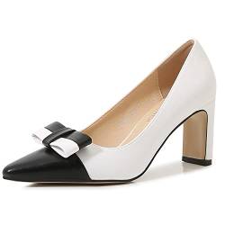 Frauen Chunky Mid Heel Close Pointed Toe Pumps schwarz und weiß farblich passende High Heels mit Schleifenverzierung Hochzeit Büroschuhe,Weiß,39 von WOkismD