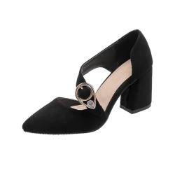 WOkismD 7.5CM Wildleder Frauen Flache Dicke Ferse Spitze Knöchel Strap Instep Strap Party Hochzeit Schuhe,Schwarz,34 EU von WOkismD