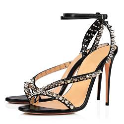 WOkismD Damen-Sandalen mit Nieten, Nieten, High Heels, Stiletto-Knöchelriemen, offene Spitze, Brautkleid, Slingback-Pumps für Frauen, Übergröße 34-46,Schwarz,37 von WOkismD