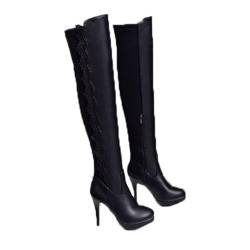 WOkismD Overknee-Stiefel mit Spitzennähten für Damen, seitlicher Reißverschluss, Plateaustiefel mit dickem Absatz, oberschenkelhohe Stiefel, modische lange Winterstiefel,Schwarz,37 von WOkismD