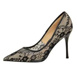 WOkismD Pumps aus Netzstoff mit hohler Spitze für Damen, Spitze, geschlossene Zehenpartie, hohe Stiletto-Pumps, Schlupfschuhe für Brautpartys, Abendkleider, Hochzeitsschuhe,Schwarz,36 von WOkismD