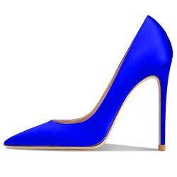 WOkismD Satin-Pumps für Damen, spitz zulaufende, geschlossene Zehenpartie, hoher Stilettoabsatz, Schlupfschuh für Bürodame, Hochzeit, Brautparty, Abschlussball,Blau,44 von WOkismD