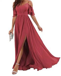 Aus der Schulter Chiffon Brautjungfer Kleid mit geteilten A-Linie Falten Brautjungfer Kleid lang für Frauen, Wüstenrose, 38 von WSEYU