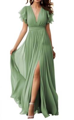 V-Ausschnitt Chiffon Brautjungfer Kleid mit Schlitz Flatterärmel Chiffon Plissee Formale Ballkleider für Frauen, salbeigrün, 40 von WSEYU
