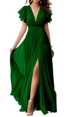 V-Ausschnitt Chiffon Brautjungfer Kleid mit Schlitz Flatterärmel Chiffon Plissee Formale Ballkleider für Frauen, smaragdgrün, 46 von WSEYU
