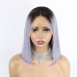 Kurze, glatte Echthaar-Bob-Perücke, 13 x 4 HD-Spitze-Bob-Perücke, 12 Zoll, grau, leimlose, hitzebeständige Perücke mit Babyhaar für Frauen, tägliche Cosplay-Nutzung von WSFSDAN