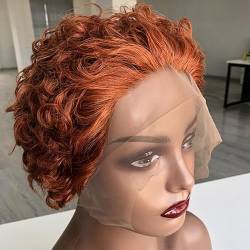 Kurze lockige Echthaar-Perücke, 13 x 1 Spitze, Elfen-Kurzhaarperücke, 6 Zoll, Ingwer-Orange-Perücke, leimlose Perücke mit Babyhaar für Frauen, tägliche Cosplay-Nutzung von WSFSDAN