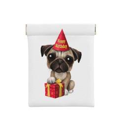 WSHFFILO Süßer "Happy Birthday"-Münzbeutel mit Mops-Motiv, bedrucktes Leder, Münzfach, weiß, Einheitsgröße, Klassisch von WSHFFILO