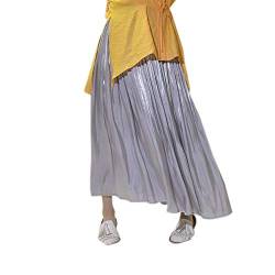 WSLCN Damen Faltenrock Glänzend Sommer Plissee Rock Hohe Taille Lässige Unifarben Midi Skirt Hell Grau von WSLCN