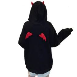 WSZJLN Harajuku Hoodies Mädchen Kleiner Teufel Hörner Gothic Kapuzenpullover Damen Dämon Fliegenflügel Lose Pullover Taschenoberteile Streetwear-Schwarz-S von WSZJLN