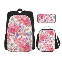 WURTON 3-in-1 Büchertaschen-Set mit Blumen-Rosen- und Schmetterlings-Aufdruck, verstellbarer Schulter-Rucksack, Lunch-Tasche, Federmäppchen, Beutelbox, Schwarz, Einheitsgröße von WURTON