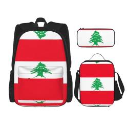 WURTON 3-in-1-Set mit Libanon-Flagge, verstellbarer Schulter-Rucksack, Lunch-Tasche, Federmäppchen, Beutel, Schwarz, Einheitsgröße von WURTON