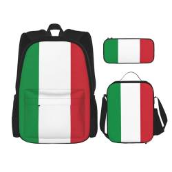 WURTON 3-in-1-Set mit italienischer Flagge, lässiger verstellbarer Schulter-Rucksack, Lunch-Tasche, Federmäppchen, Beutel, Schwarz, Einheitsgröße von WURTON