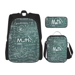 WURTON Formulas Shapes Theory Mathematikunterricht Wortdruck Rucksack Mädchen Jungen Schultaschen Teenager Lunchbox und Federmäppchen 3-in-1 Büchertaschen-Set, Schwarz, Einheitsgröße von WURTON