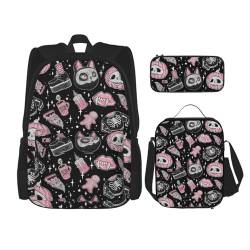 WURTON Halloween Kürbis Katze Druck Rucksack Mädchen Jungen Schultaschen Teenager Lunchbox und Federmäppchen 3-in-1 Büchertaschen-Set von WURTON