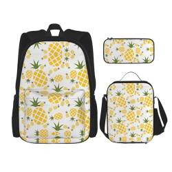 WURTON Pineapple Bedruckter Rucksack Mädchen Jungen Schultaschen Teenager Lunchbox und Federmäppchen 3 in 1 Büchertaschen Set von WURTON