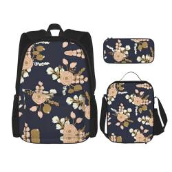 WURTON Rucksack mit Rosenmuster, Blumenmuster, für Mädchen, Jungen, Schultaschen, Teenager, Lunchbox und Federmäppchen, 3-in-1-Büchertaschen-Set von WURTON