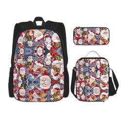 WURTON Rucksack mit Weihnachtsmann-Motiv und Schneemann-Druck, für Mädchen, Jungen, Schultaschen, Teenager, Lunchbox und Federmäppchen, 3-in-1-Büchertaschen-Set von WURTON