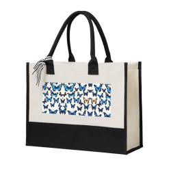 WYCZHY Viele blaue Schmetterlings-Halloween-Tragetaschen, Leinen-Geschenktasche mit Griffen, für Junggesellinnenabschiede, Strandausflug, beige, Einheitsgröße von WYCZHY