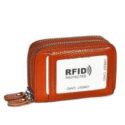 Damen Echtes Leder RFID Kreditkartenhalter Organizer Fall Kleine Doppel-Reißverschluss Sicherheit Kompakte Brieftasche, 10 Slots Braun, Casual von Wabilu
