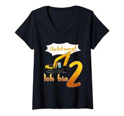 Damen Achtung ich bin 2! Bagger Motiv Jungen 2 Jahre, Baustelle. T-Shirt mit V-Ausschnitt von Wake-X Kindergeburtstag, Design für Jungs