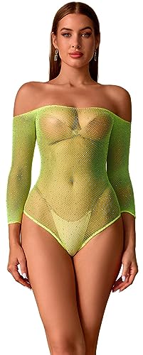 Walang Damen Sexy Bodysuit mit Strassstein Fischnetz Langarm Dessous Trägerlos Kleid Tops Sexy Outfits Baby Dolls Negligees (Gelb Grün) von Walang