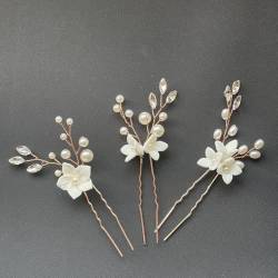 3 Stück Damen Hochzeit Haarschmuck Frauen Perlen Kristall Blumen U-förmig Haarnadel Kopfschmuck Haarklammer Hairpin Haarspangen Kopfbedeckung für Hochzeit Party Braut und Brautjungfer,Roségold von Wambere