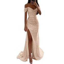 Damen Pailletten Abendkleid Sexy Schulterfrei Hohe Taille Seitenschlitz Lang Kleid Maxikleid Elegant V-Ausschnitt Cocktailkleid Ballkleider Einfarbiges ärmellos Rückenfrei Partykleid (C-Rose Gold, M) von WanWorlder