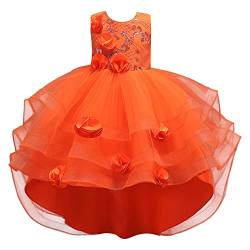 Damen Röcke Knielang Kleinkind Kinder Mädchen Kleid Sommer Ärmelloses Blumen Prinzessin Kleid Laufsteg Performance Kleid Ketten Rucksack Festliche Kleider Knielang Mini Kleider (Orange, 6-7 Years) von WanWorlder