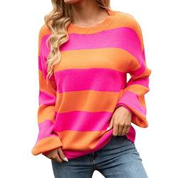 WanWorlder Pullover Damen Gestreift Feine Strickjacke Damen Casual Langarm Farbblock Streifen Strickpullover Leichter Pullover Top Trägerloses Oberteil Damen Rot Grün Gestreifter Pullover (Orange, L) von WanWorlder