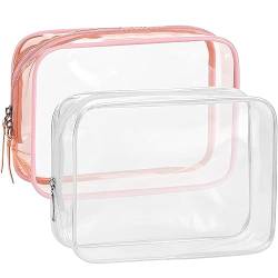 Clear Makeup Pouch, WantGor 2 Pack TSA genehmigt Kosmetiktasche Veranstalter kleine Make-up-Taschen Fall Travel Transparent Toilettentasche Carry on Travel Accessories für Frauen Männer (Rosa, Klar) von WantGor