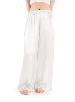 Wantschun Damen Schlafanzughose lang Satin Silk Pyjamahose Wide Leg Nachtwäsche Hose Längere Länge - Weiß ; L von Wantschun