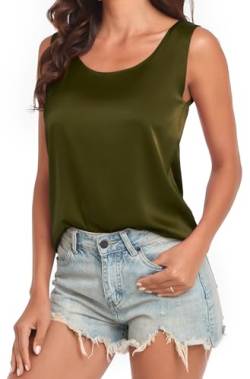 Wantschun Damen Silk Satin Tank Top Bluse Hemd Shirt Sommer Ärmellose Camisole Rundhal Ausschnitt - Armeegrün ; L von Wantschun