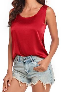 Wantschun Damen Silk Satin Tank Top Bluse Hemd Shirt Sommer Ärmellose Camisole Rundhal Ausschnitt - Rot ; L von Wantschun