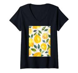 Damen Vintage Obst Muster Kunst Zitrone Aquarell T-Shirt mit V-Ausschnitt von Watercolor Fruit Pattern Graphic (Lemon)