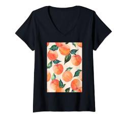 Damen Aquarell Muster Kunst Pfirsich T-Shirt mit V-Ausschnitt von Watercolor Fruit Pattern Graphic (Peach)