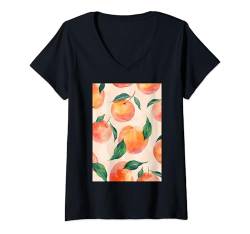 Damen Niedliches Aquarellmuster Kunst Pfirsichfrucht T-Shirt mit V-Ausschnitt von Watercolor Fruit Pattern Graphic (Peach)