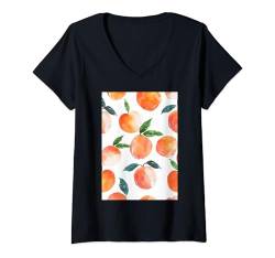 Damen Niedliches Aquarellmuster Kunst Pfirsichfrucht T-Shirt mit V-Ausschnitt von Watercolor Fruit Pattern Graphics (Peach)