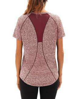 Wayleb Damen Sportshirt Kurzärmliges Shirts Sport T Shirt mit V Ausschnitt Leicht Atmungsaktiv Trainingsshirt Fitness Shirt Gym Yoga Tops, Weinrot XXL von Wayleb