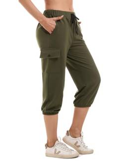 Wayleb Damen Sweatpants Cropped Jogger Sporthose 3/4 Hose Damen Capri Hose Sommer Casual Fit Trainingshose Lounge Lose Tunnelzug Hose mit Seitentaschen für Yoga Laufen Fitness Armeegrün XL von Wayleb