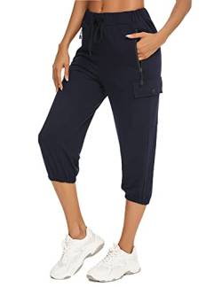 Wayleb Damen Sweatpants Cropped Jogger Sporthose 3/4 Hose Damen Capri Hose Sommer Casual Fit Trainingshose Lounge Lose Tunnelzug Hose mit Seitentaschen für Yoga Laufen Fitness Navy blau M von Wayleb