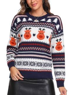 Wayleb Damen Weihnachtspullover Rentier Ugly Christmas Sweater Familie Pullover Rundhals Strickpulli Langarm Herbst Winter Warm Oberteil von Wayleb