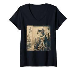 Damen Japanischer Steampunk-Katze Vintage Holzblock Kunstdruck T-Shirt mit V-Ausschnitt von We Anomaly