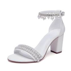 WeFloHsL Damen Braut Sandalen Blockabsatz Hochzeitsschuhe Offene Zehen Knöchelriemen Strass Perlen Party Abendschuhe,Weiß,38 EU von WeFloHsL