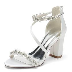 WeFloHsL Damen Riemchen Hochzeitssandalen Blockabsatz Satin Strass Offene Zehen Brautschuhe Brautjungfernschuhe 2022-45B,Weiß,36 EU von WeFloHsL