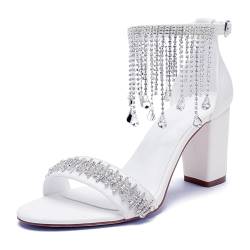 WeFloHsL Riemchensandalen Blockabsatz Für Damen Mit Strass Offene Zehen Hochzeits Party Abschlussballschuhe,Weiß,39 EU von WeFloHsL