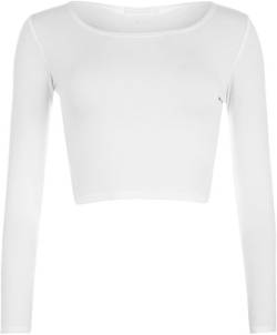 WearAll - Neu Damen Cropped Langarm T Shirt Kurz Schmucklos Rundhalsausschnitt Top - Weiß - 40/42 von WearAll