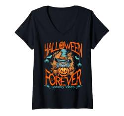 Damen Halloween Kürbis Gruselige Vibes Katze Jackolantern Halloween T-Shirt mit V-Ausschnitt von WearWitty Halloween Spooky Costume