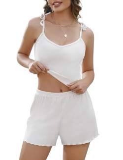 Kurz Pyjama Damen Schlafanzug mit Verstellbarer Schultergurt Nachtwäsche Zweiteiliger Pjs Sets, Weiß, XXL von Weardear